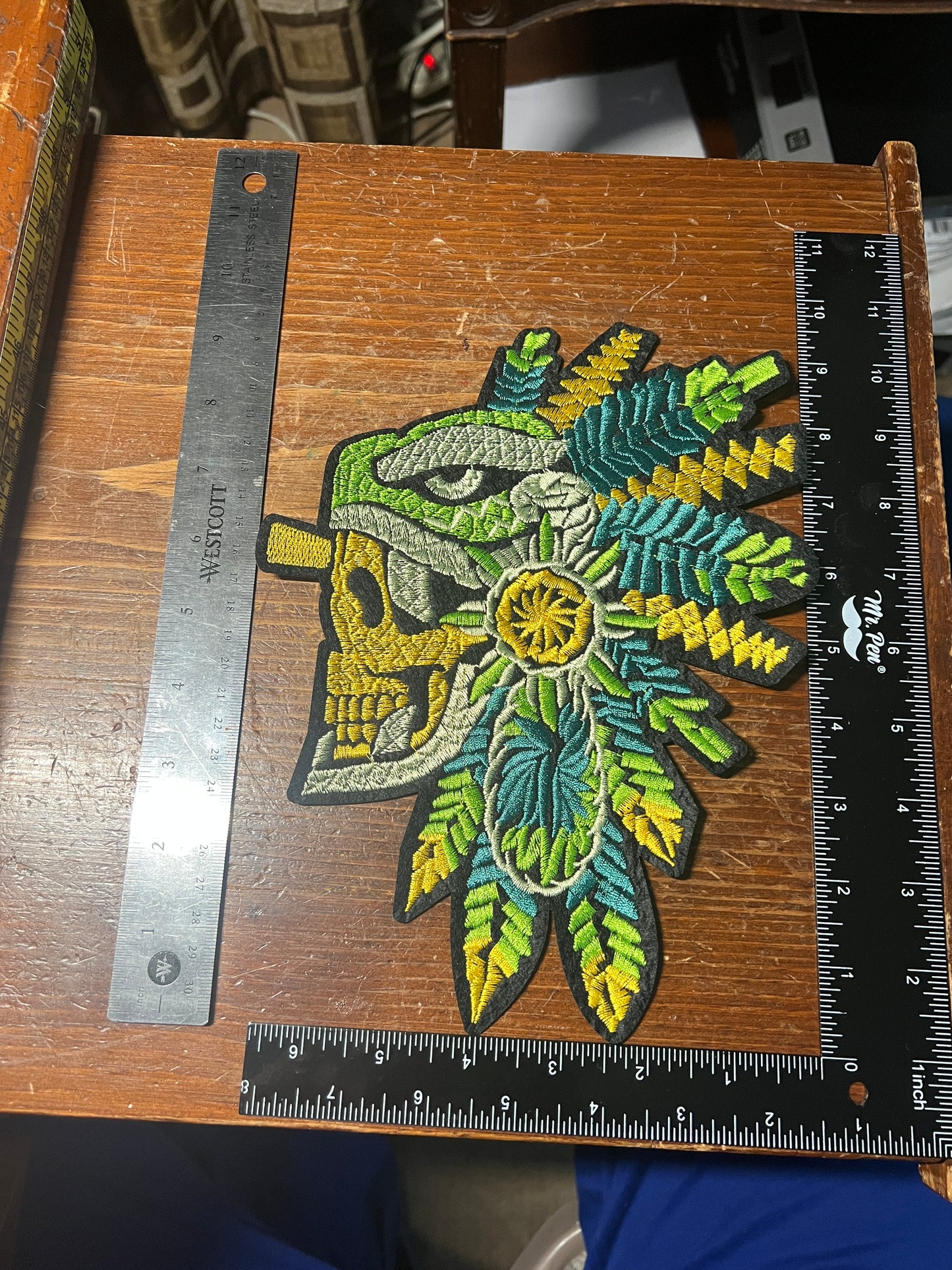 Aztec Mayan Feathered Serpent Dead Warrior Patch, Large, 9.5", Quetzalcoatl, Kukulkan, iron-on patches, embroidered (#23)