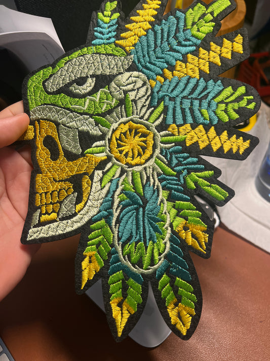 Aztec Mayan Feathered Serpent Dead Warrior Patch, Large, 9.5", Quetzalcoatl, Kukulkan, iron-on patches, embroidered (#23)