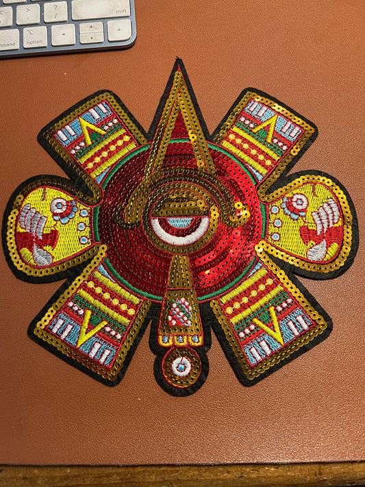 Aztec Nahui Ollin Patch, Azteca Calendario Center, Embroidery Sequins (#31)