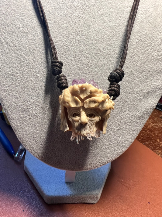 Old Wise Wizard Man Carved Pendant Necklace of Deer Antler and Crystals and Quartz (H)