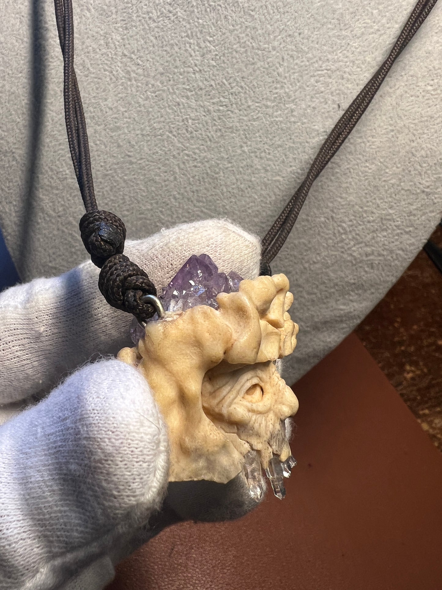 Old Wise Wizard Man Carved Pendant Necklace of Deer Antler and Crystals and Quartz (H)