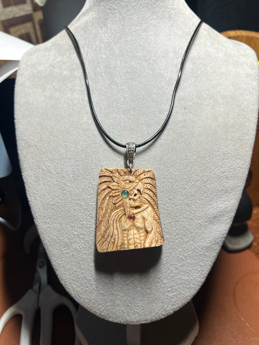 Aztec Mayan Eagle Warrior Pendant Carved from Cow Bone with Natural Gem Stones (H)