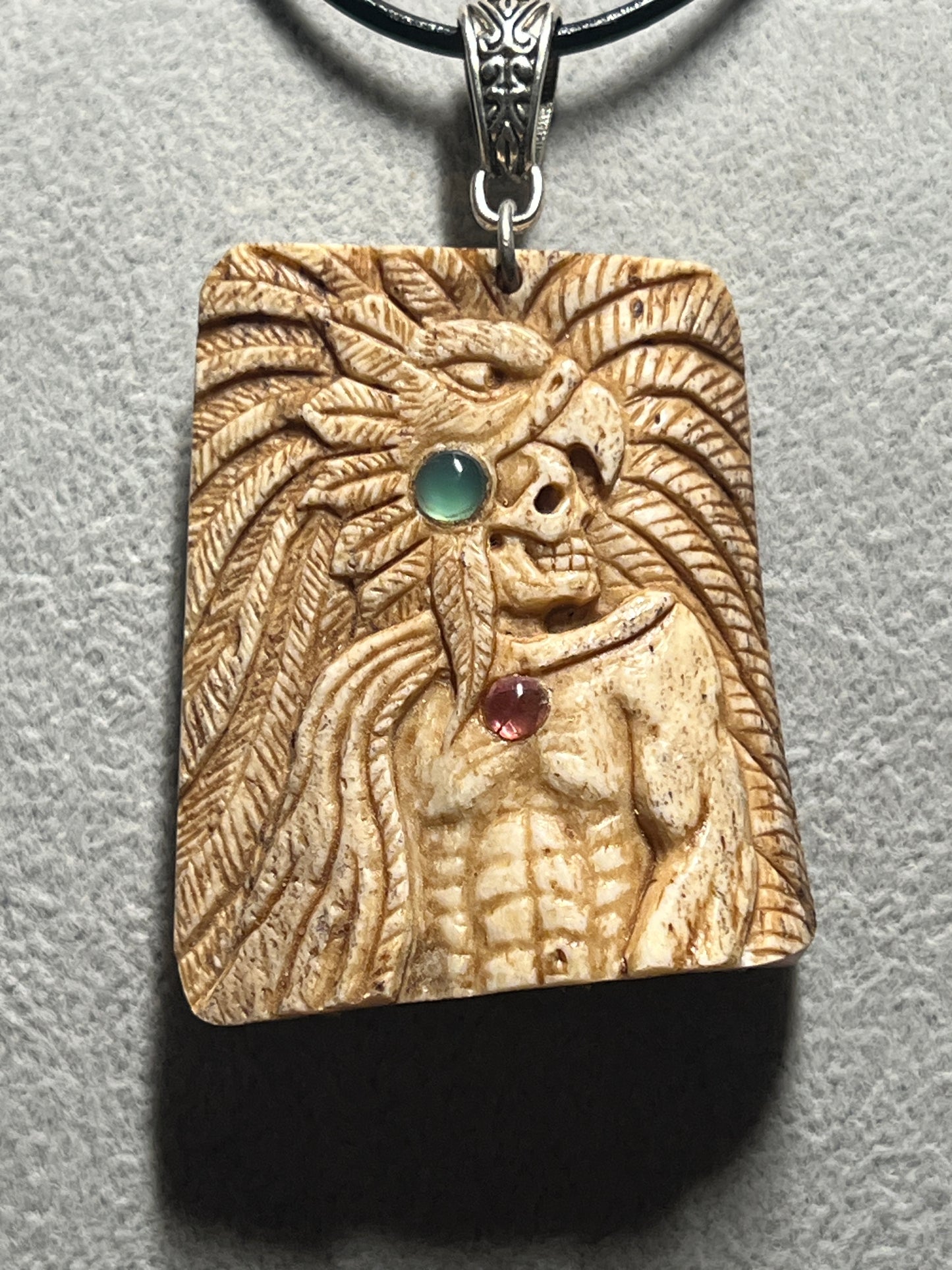 Aztec Mayan Eagle Warrior Pendant Carved from Cow Bone with Natural Gem Stones (H)