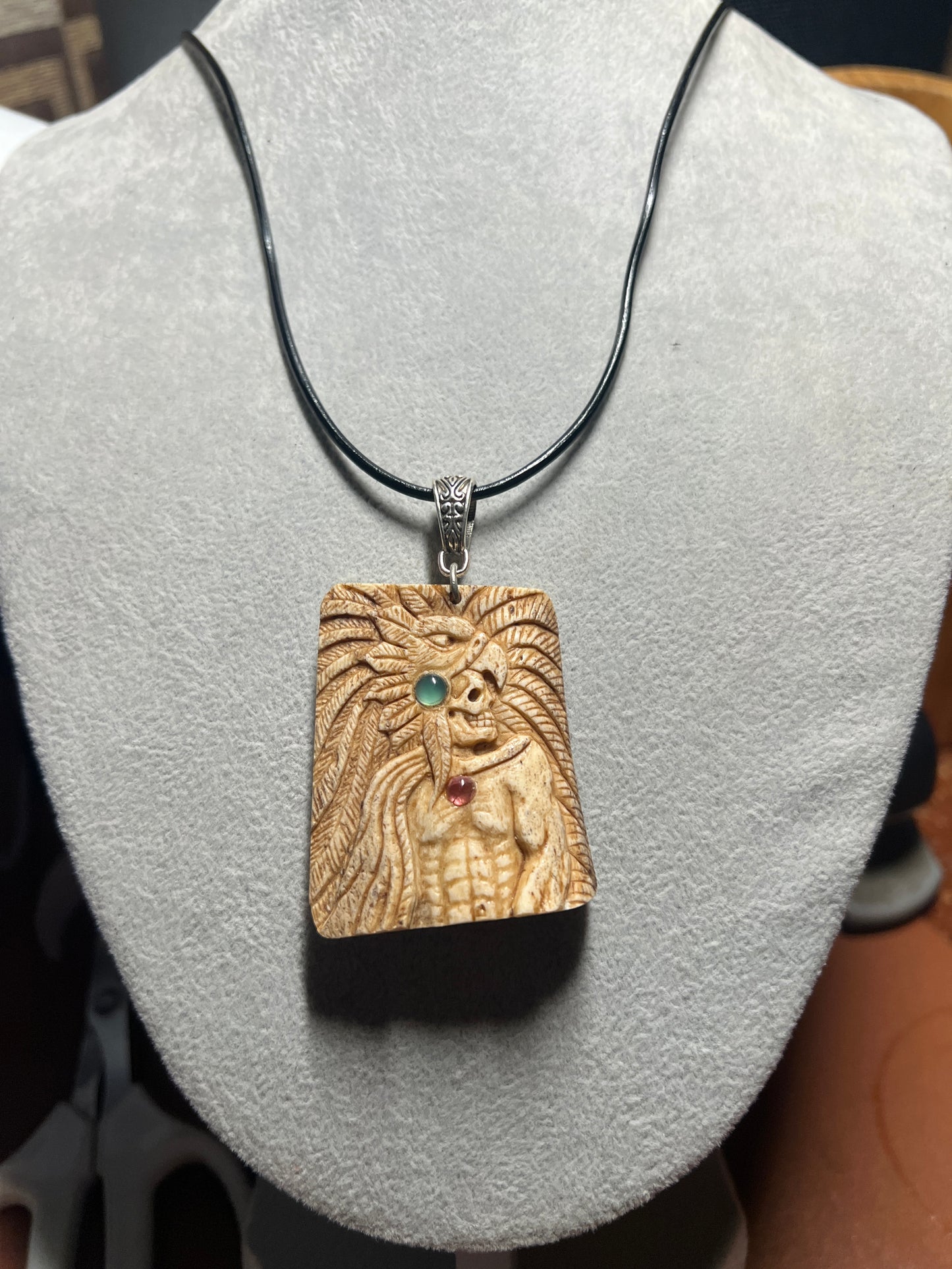 Aztec Mayan Eagle Warrior Pendant Carved from Cow Bone with Natural Gem Stones (H)