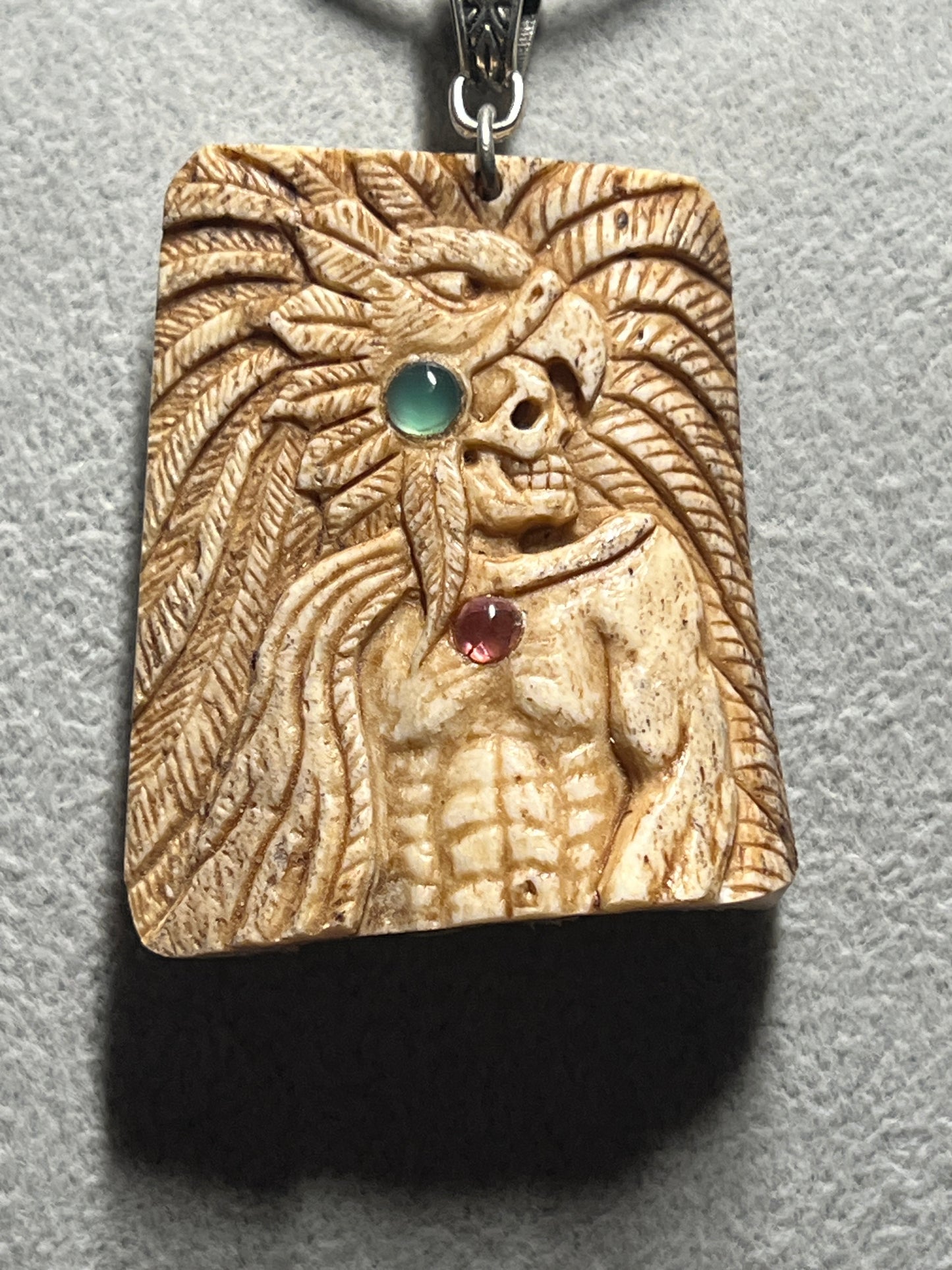 Aztec Mayan Eagle Warrior Pendant Carved from Cow Bone with Natural Gem Stones (H)