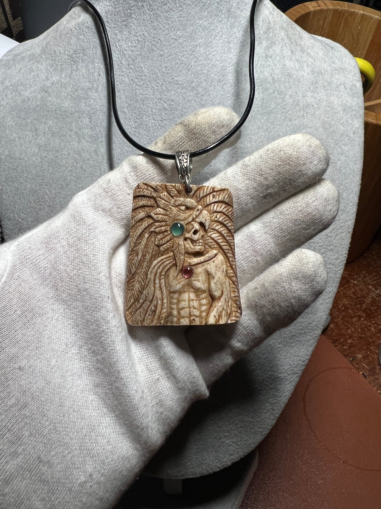 Aztec Mayan Eagle Warrior Pendant Carved from Cow Bone with Natural Gem Stones (H)