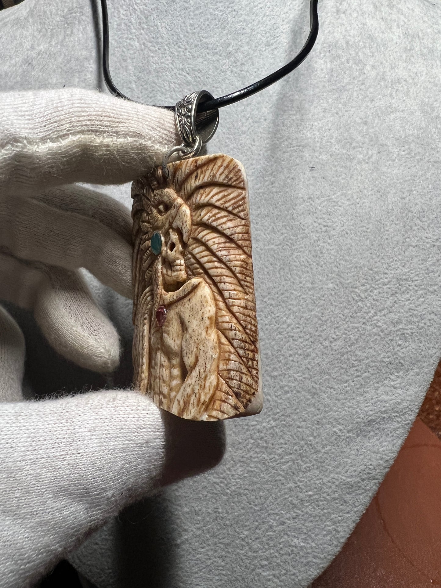 Aztec Mayan Eagle Warrior Pendant Carved from Cow Bone with Natural Gem Stones (H)