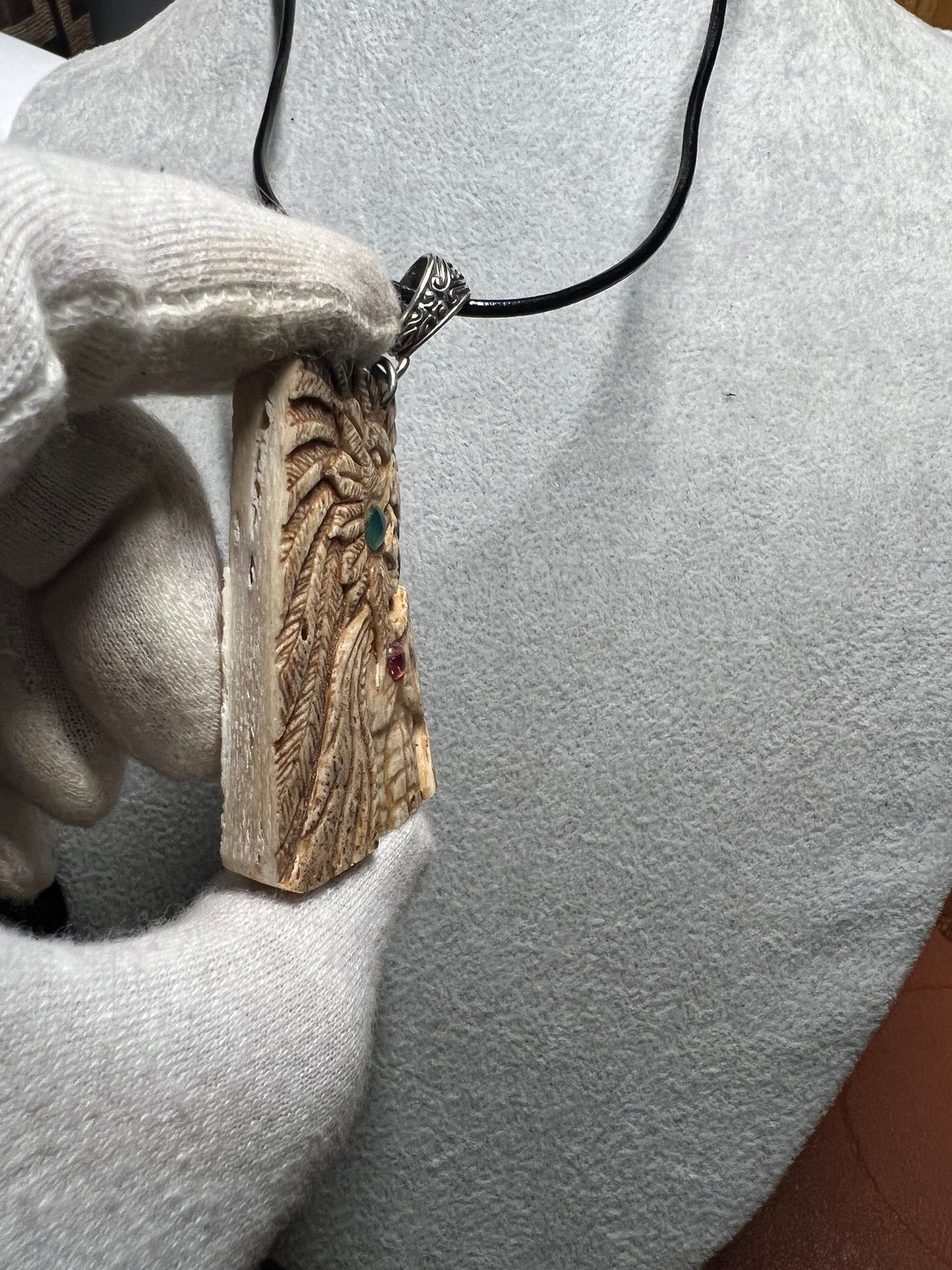 Aztec Mayan Eagle Warrior Pendant Carved from Cow Bone with Natural Gem Stones (H)