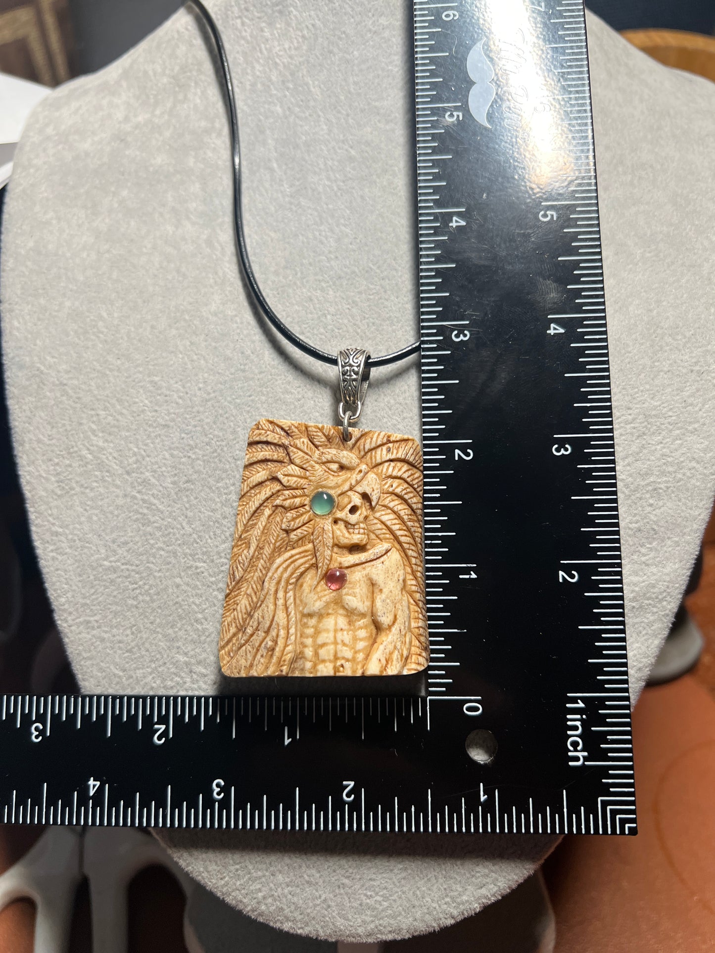 Aztec Mayan Eagle Warrior Pendant Carved from Cow Bone with Natural Gem Stones (H)