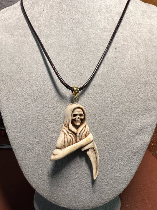 Angel of Death Santa Muerte Grim Reaper Pendant Necklace Mexican Deer Antler (H)