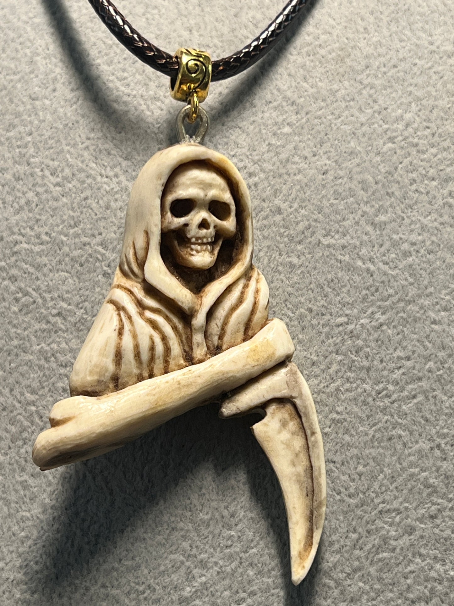 Angel of Death Santa Muerte Grim Reaper Pendant Necklace Mexican Deer Antler (H)