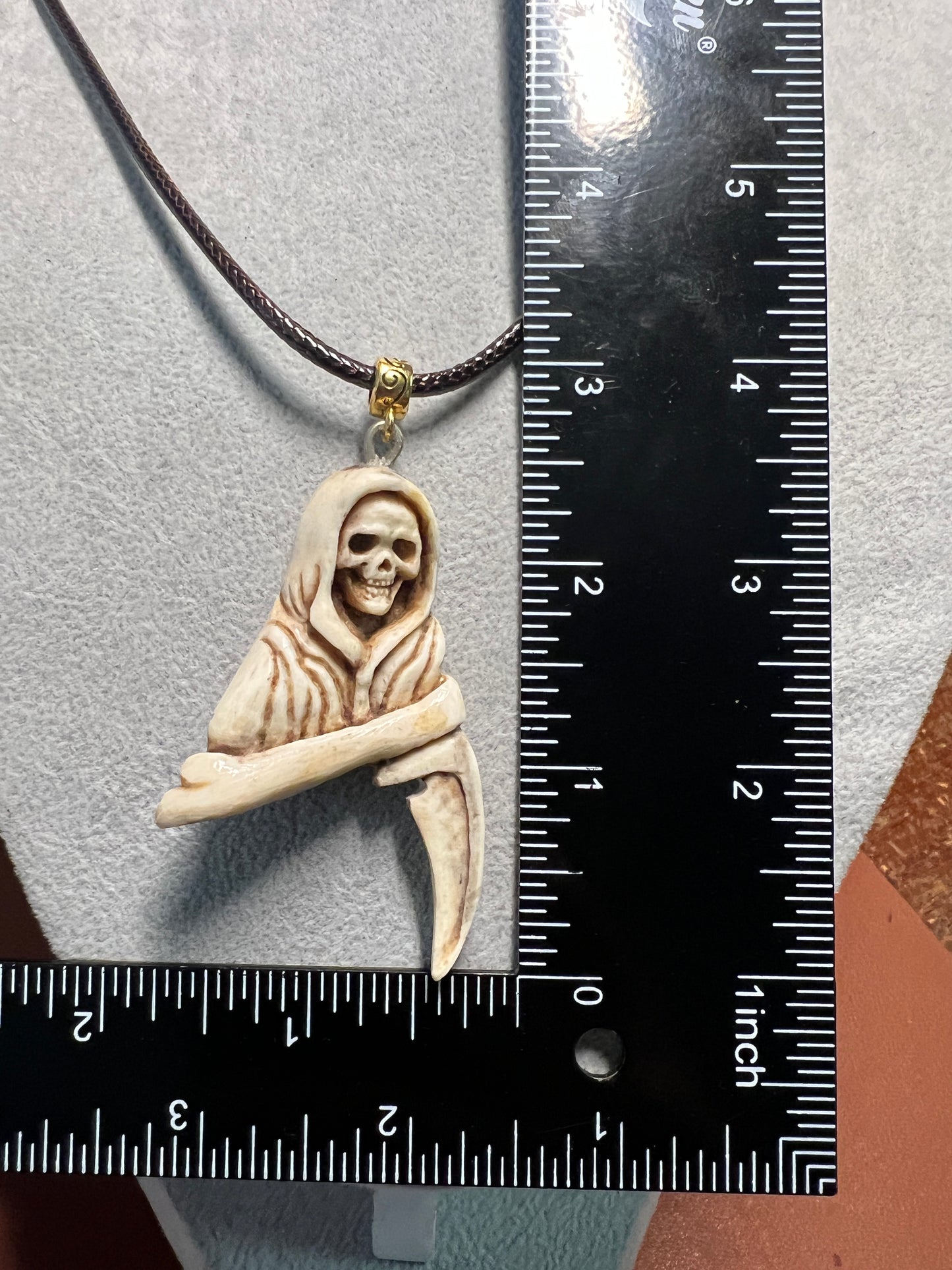 Angel of Death Santa Muerte Grim Reaper Pendant Necklace Mexican Deer Antler (H)