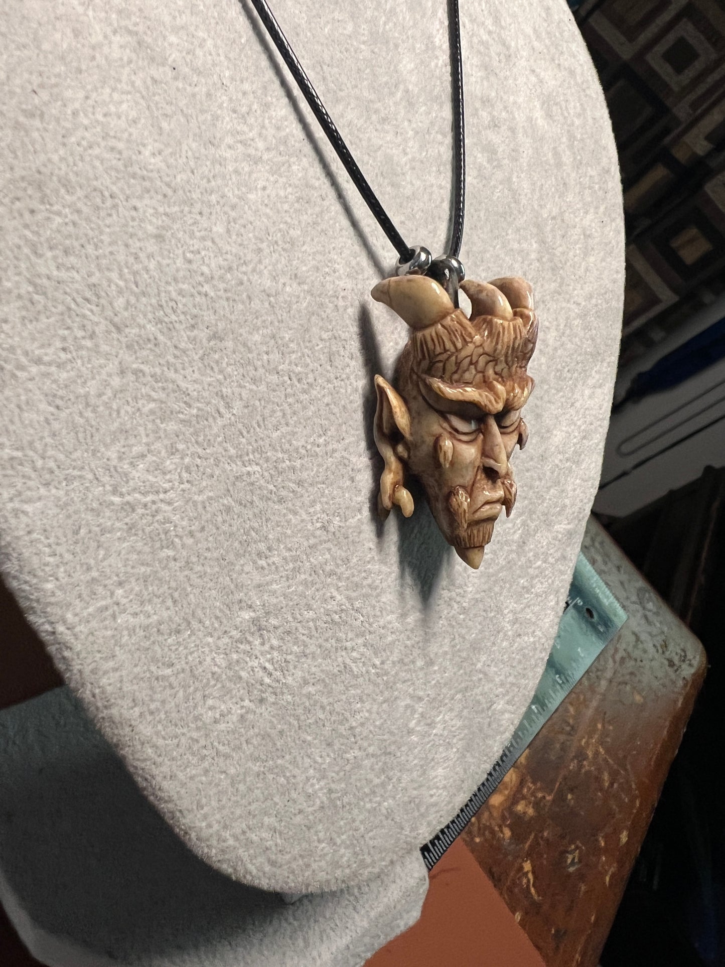 Devil Satan Lucifer Horned Pendant carved from Deer Antler from Mexico #H