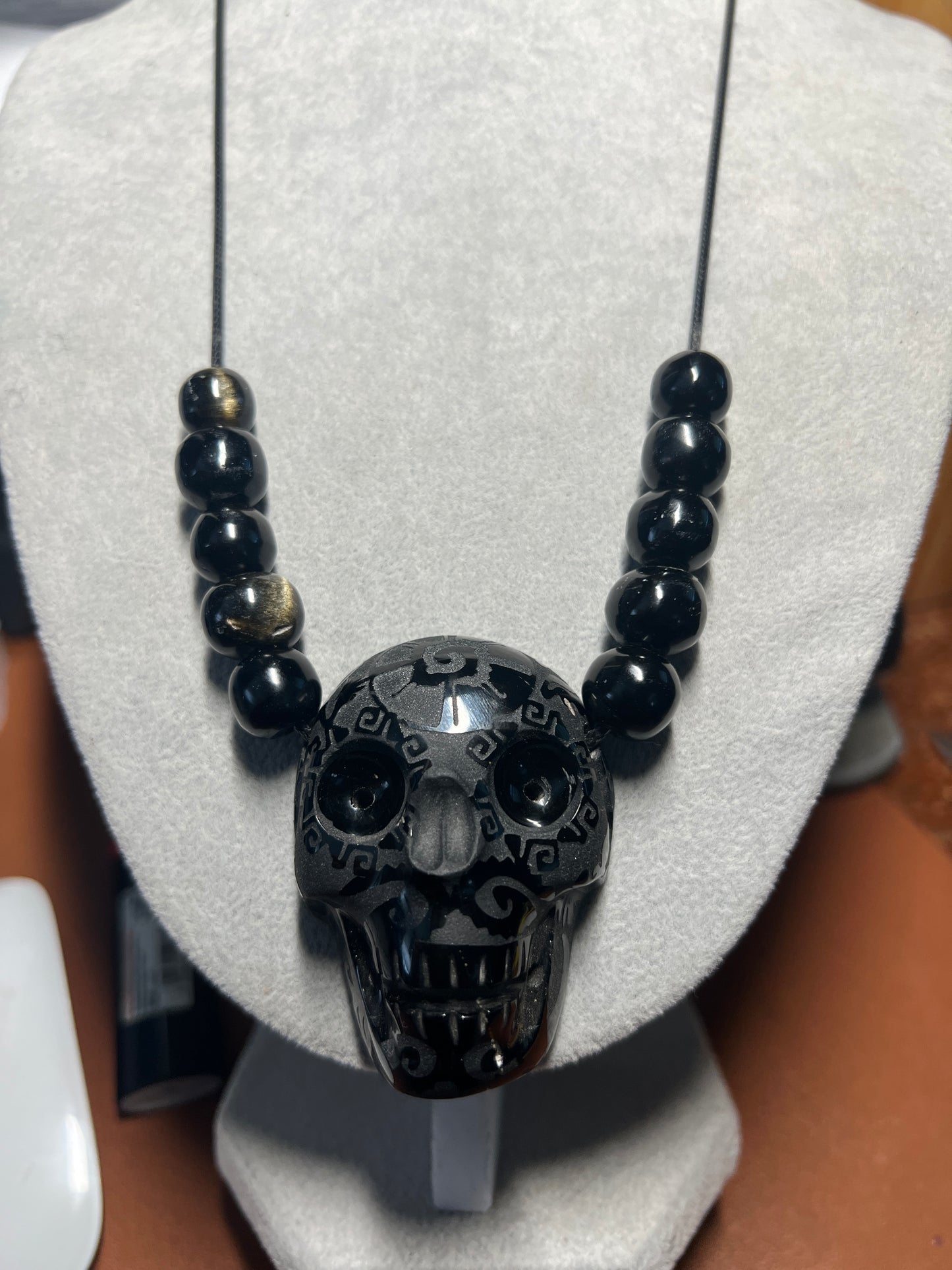 Black Obsidian Skull Pendant Mictlantecuhtli  Ometeotl Hunab Ku Mexica #36