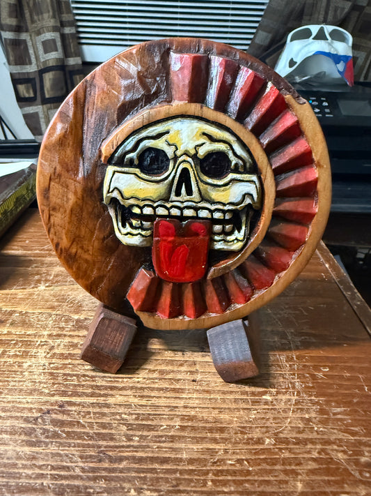 Aztec Piedra De Muerte plaque wooden carving, Mexica, Mexico, Mexican, Handmade