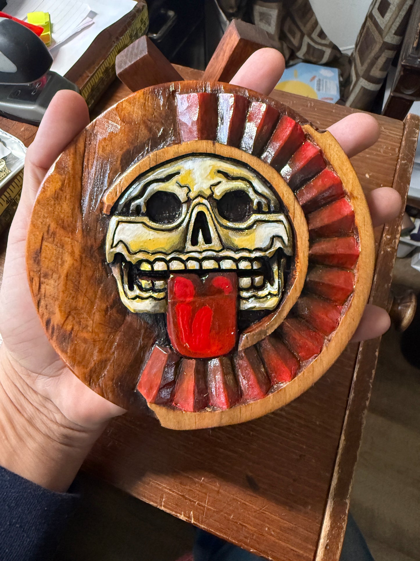 Aztec Piedra De Muerte plaque wooden carving, Mexica, Mexico, Mexican, Handmade