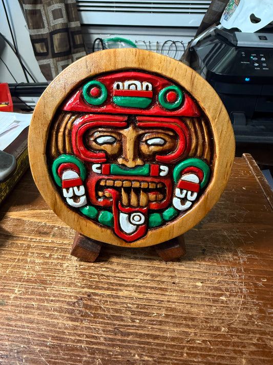 Aztec Tonatiuh plaque wooden carving art, Mexica, Mexico, Mexican, Handmade