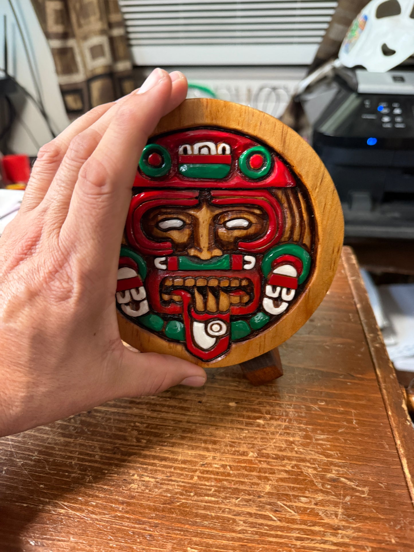 Aztec Tonatiuh plaque wooden carving art, Mexica, Mexico, Mexican, Handmade