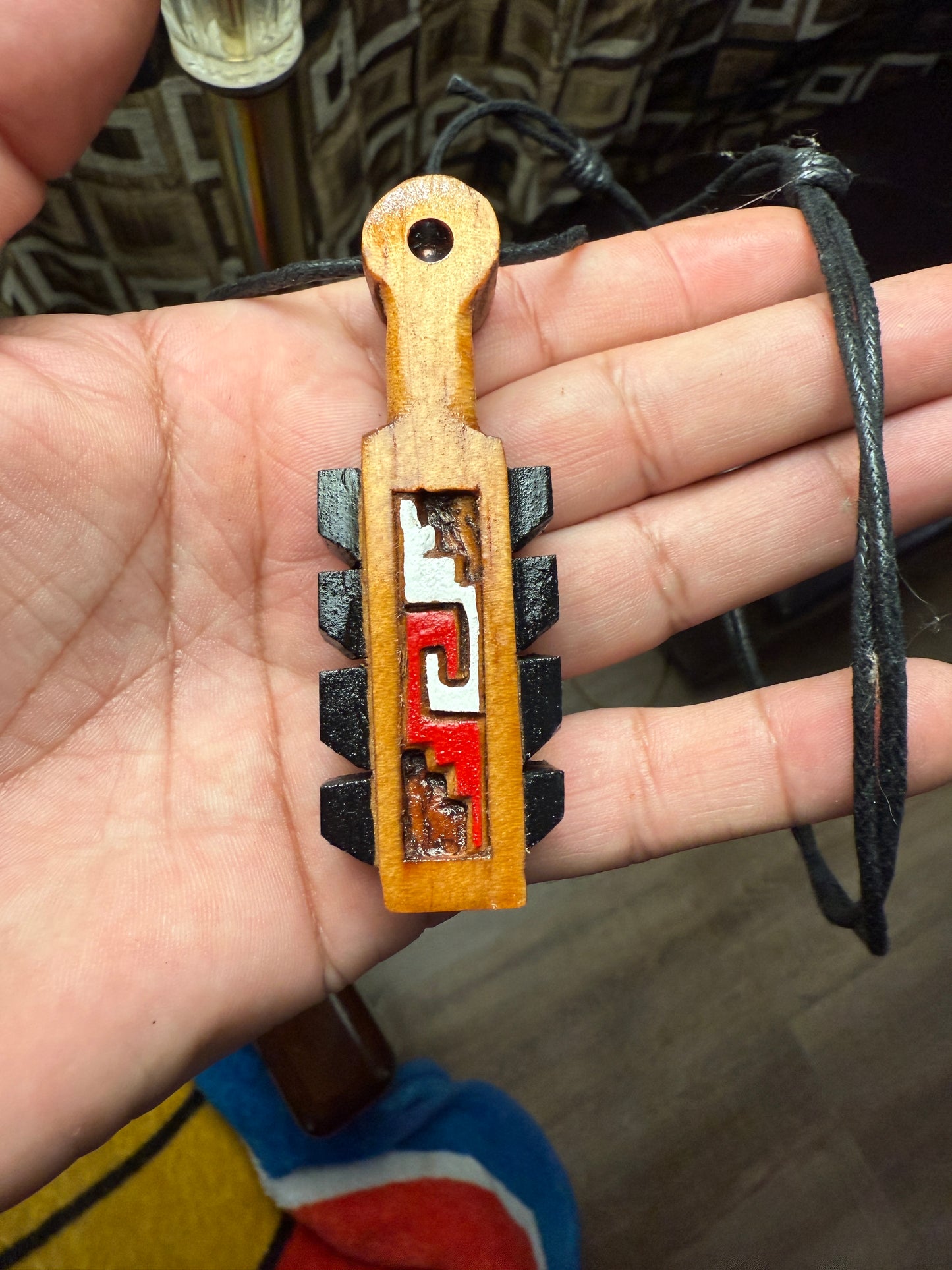 Mini Macuahuitl Necklace, 1 Chimalli Painted, Aztec, Mexican, Mexico, Ancient Warrior, Wood Carved, Replica Weapon (#40)