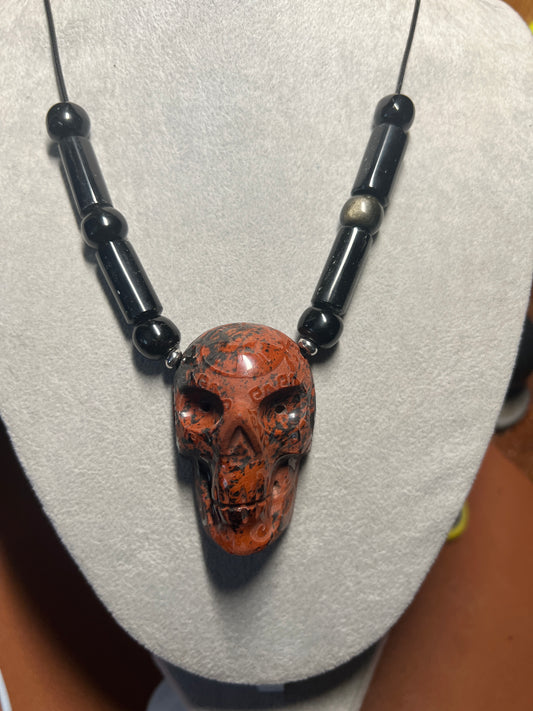 Tribal Skull Necklace, Mictlantecuhtli Mahogany Obsidian Black Obsidian Bead #36