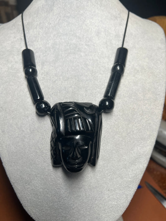 Black Obsidian Aztec or Mayan Pendant Necklace, Obsidian Beads, Mexico #36