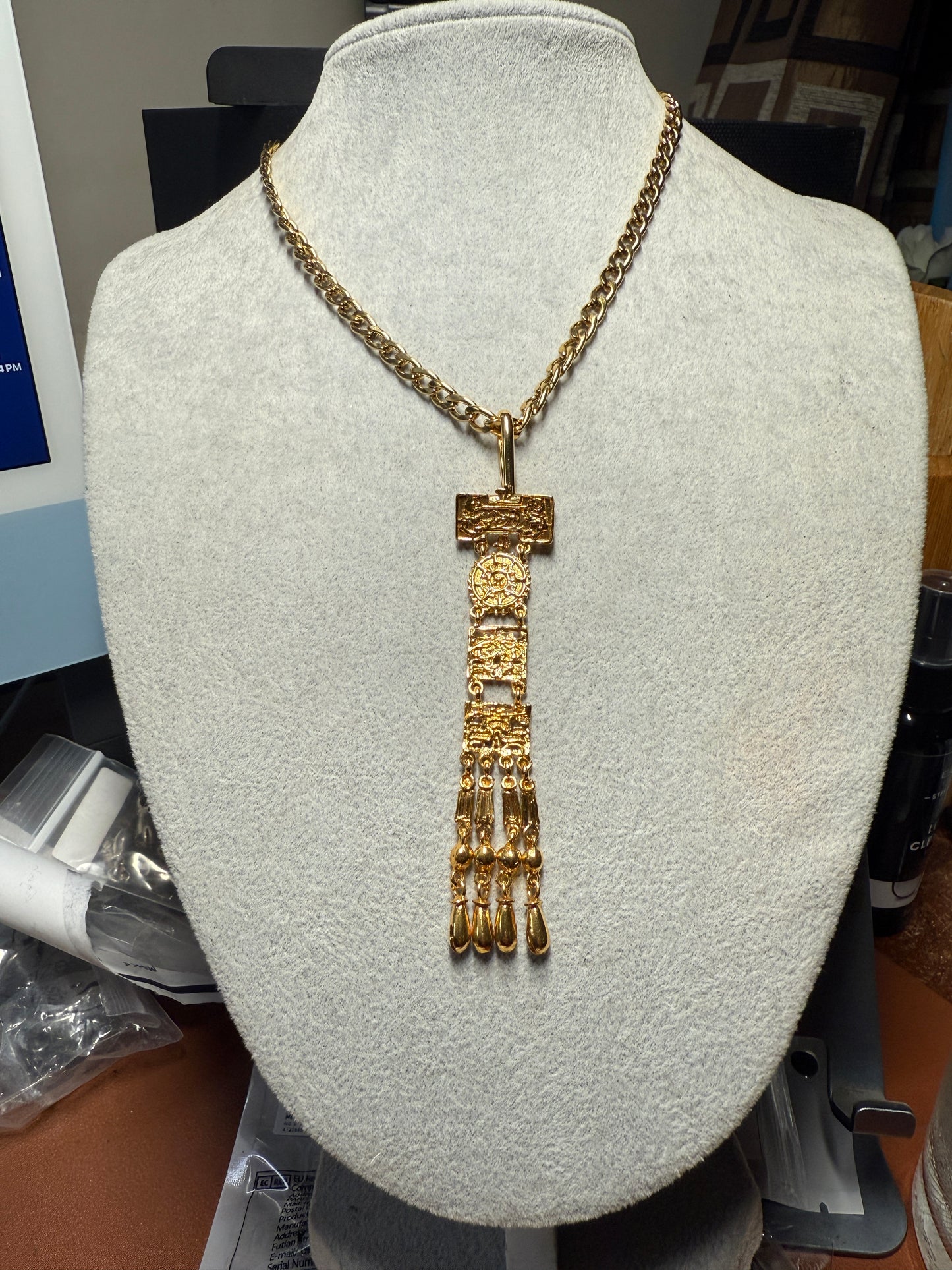 Excellent Rare Vintage Aztec Gold Plated Alloy Pin Brooch, by Salvador Teran for Marbel SA Mexico 1950s (#H)