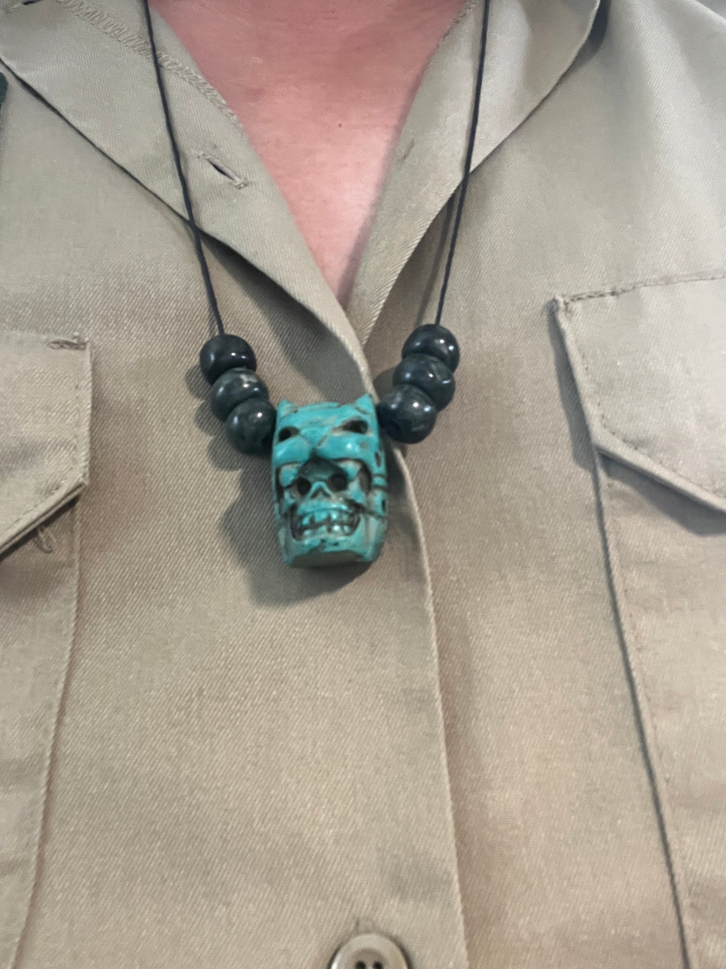 Jaguar Dead Warrior Pendant Necklace Clay Marble, Aztec, Mayan, Mexican (#2)