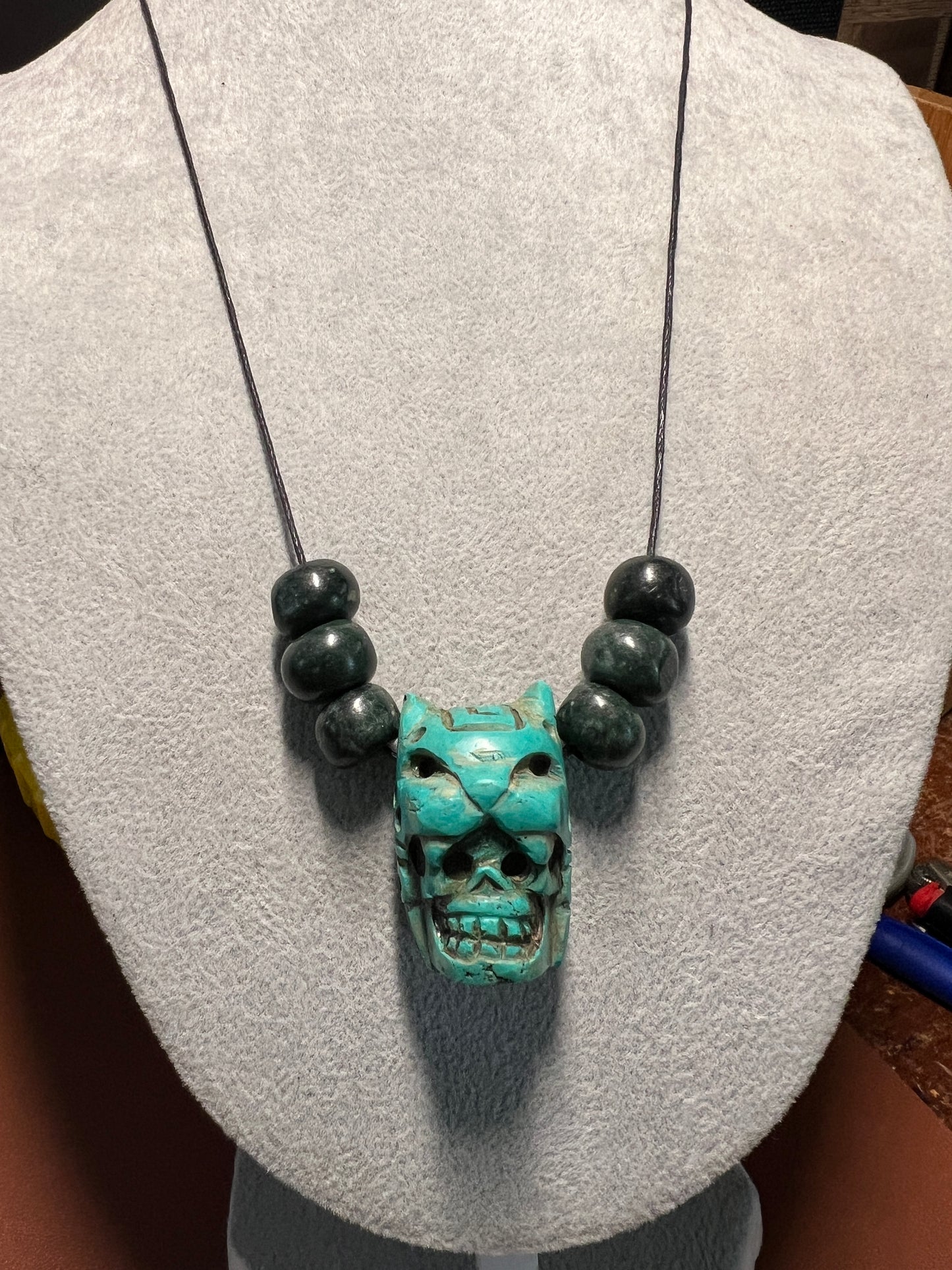 Jaguar Dead Warrior Pendant Necklace Clay Marble, Aztec, Mayan, Mexican (#2)