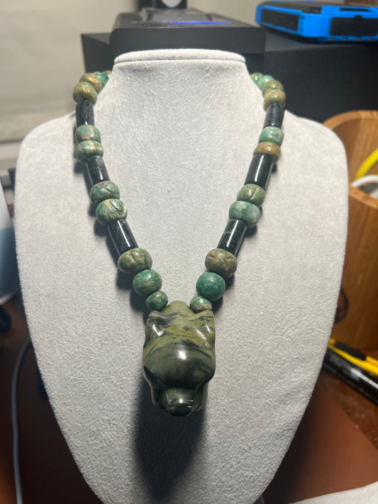 Jasper Jaguar Pendant, Serpent Beads, Aztec Necklace, Mayan, Adjustable (#37)
