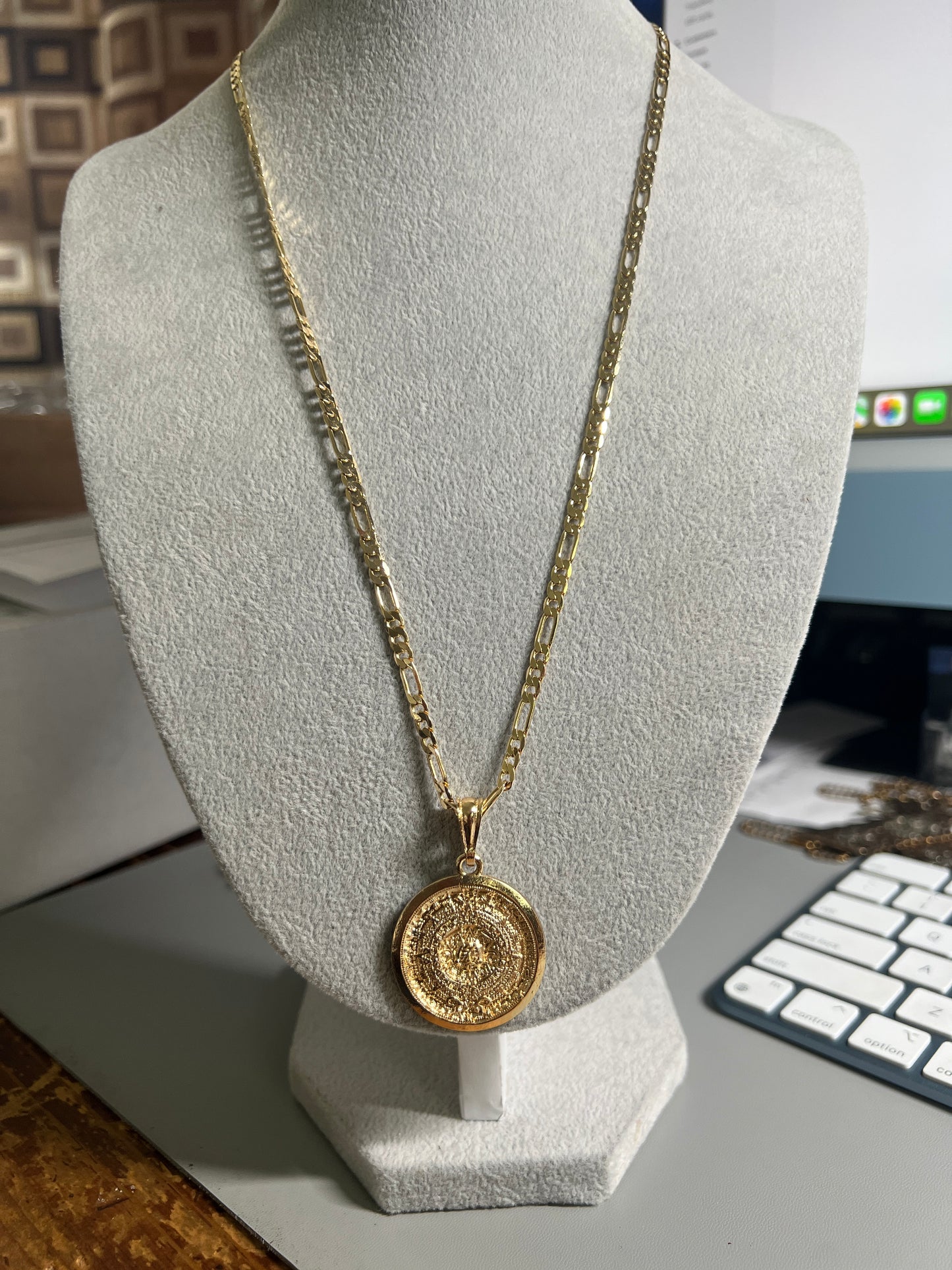 Gold Plated Aztec Calendar Pendant Necklace Chain, Figaro, Mexico, Handmade (#19)