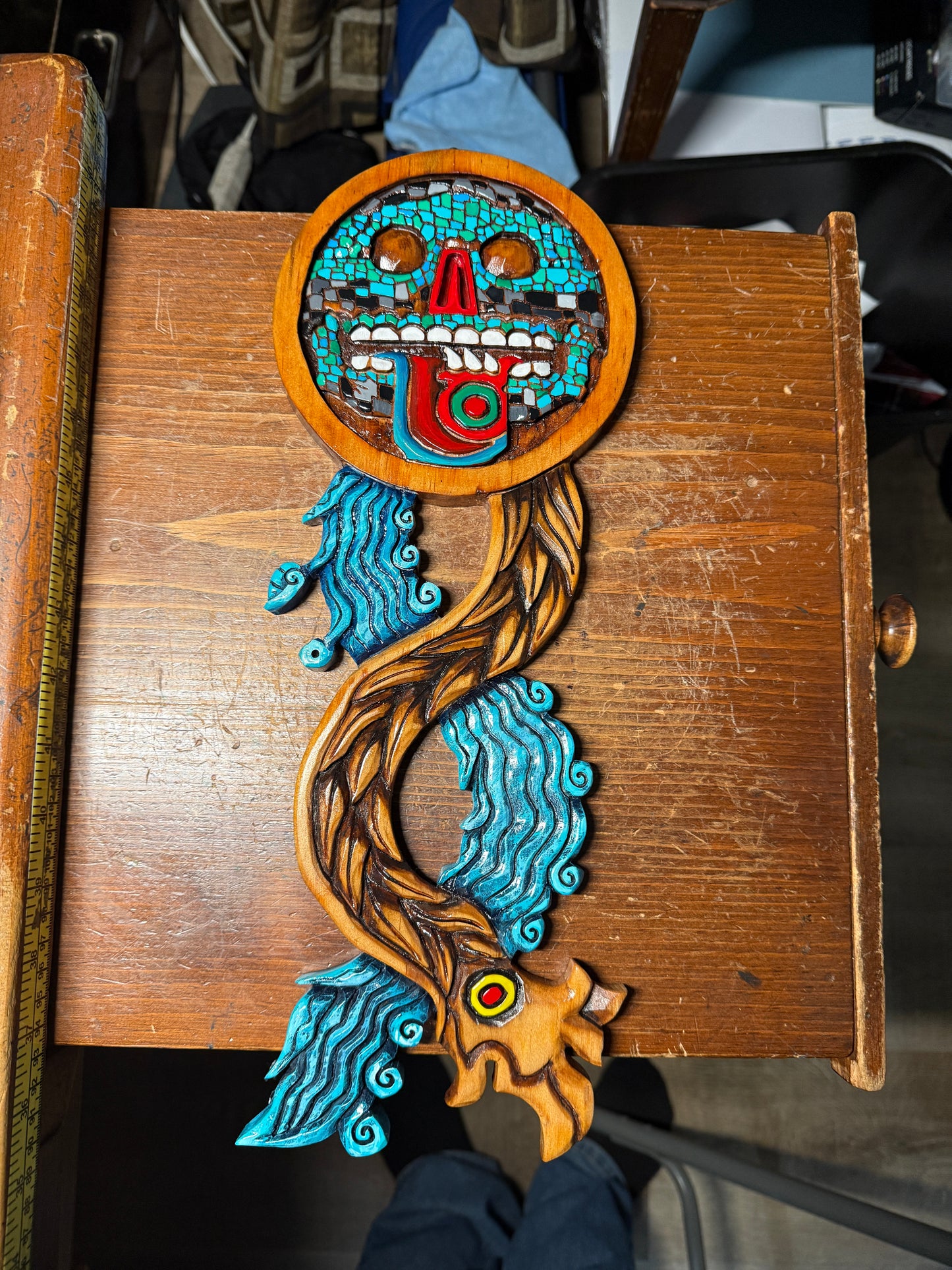 Handmade Aztec Tezcatlipoca Wooden Plaque, Mexico, Carving, Mexica, Tribal Rare