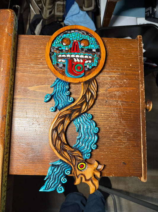 Handmade Aztec Tezcatlipoca Wooden Plaque, Mexico, Carving, Mexica, Tribal Rare