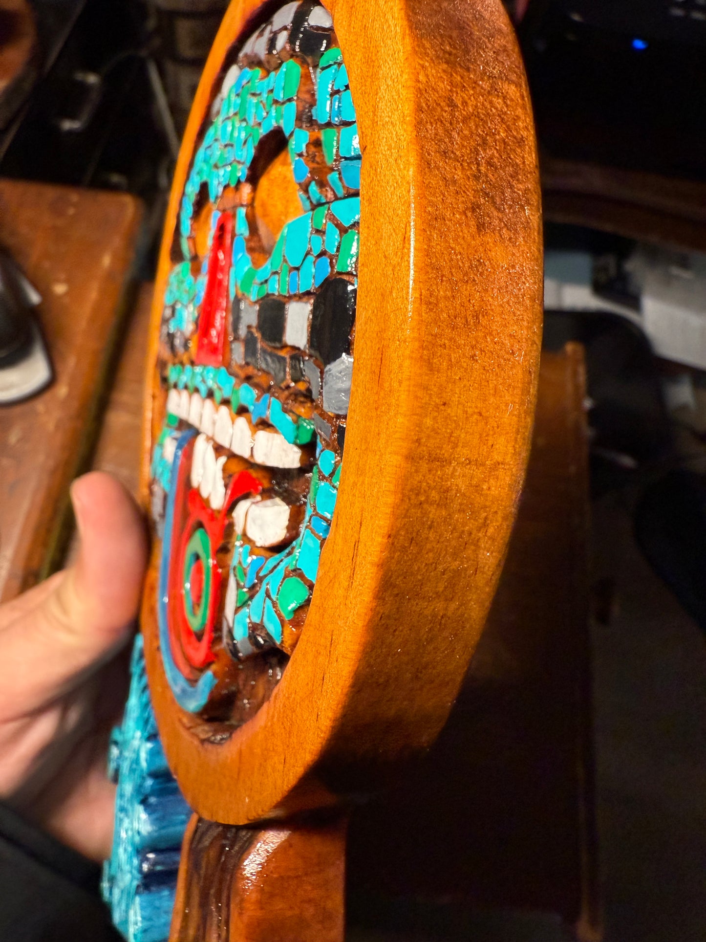 Handmade Aztec Tezcatlipoca Wooden Plaque, Mexico, Carving, Mexica, Tribal Rare