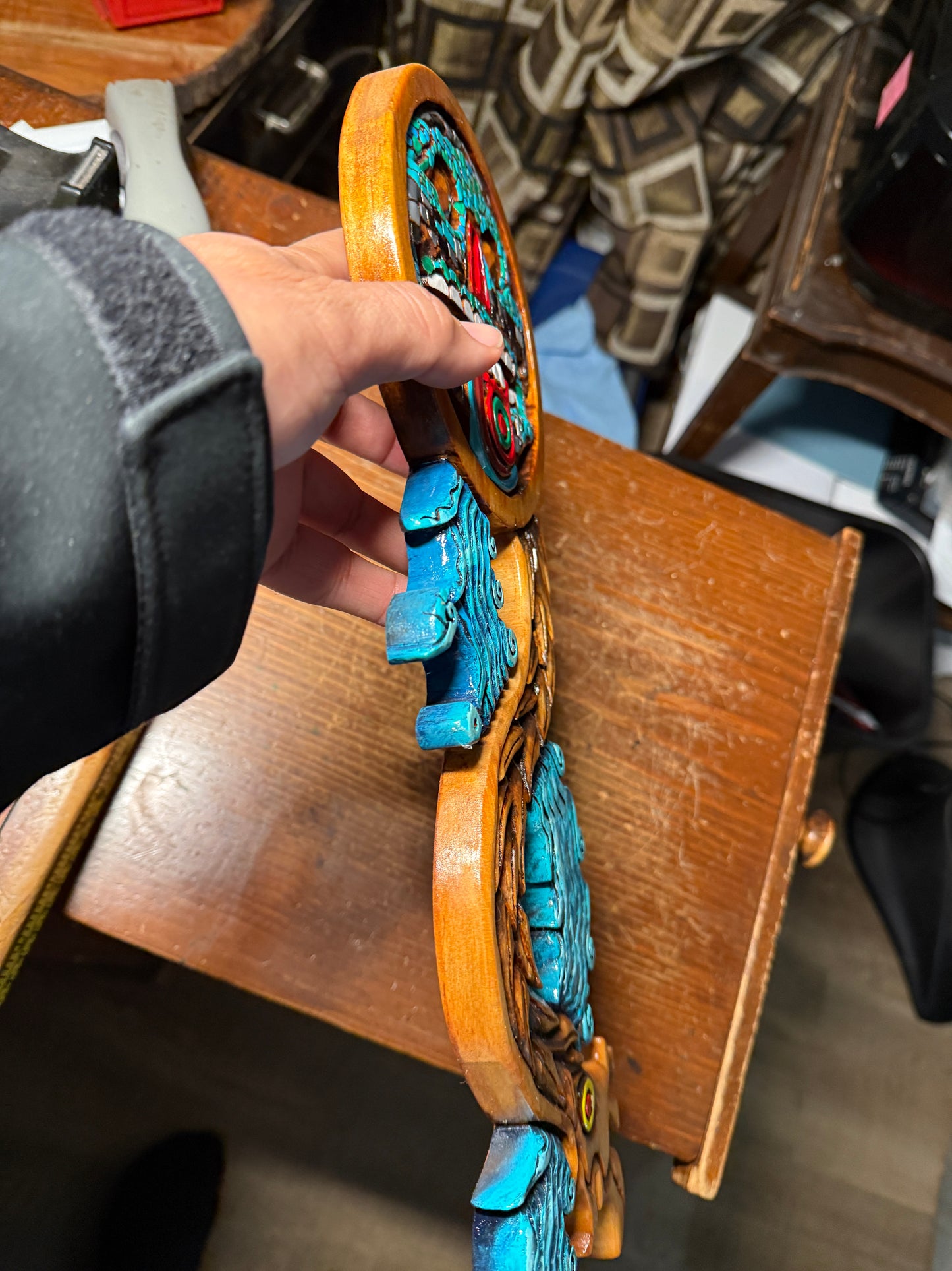 Handmade Aztec Tezcatlipoca Wooden Plaque, Mexico, Carving, Mexica, Tribal Rare