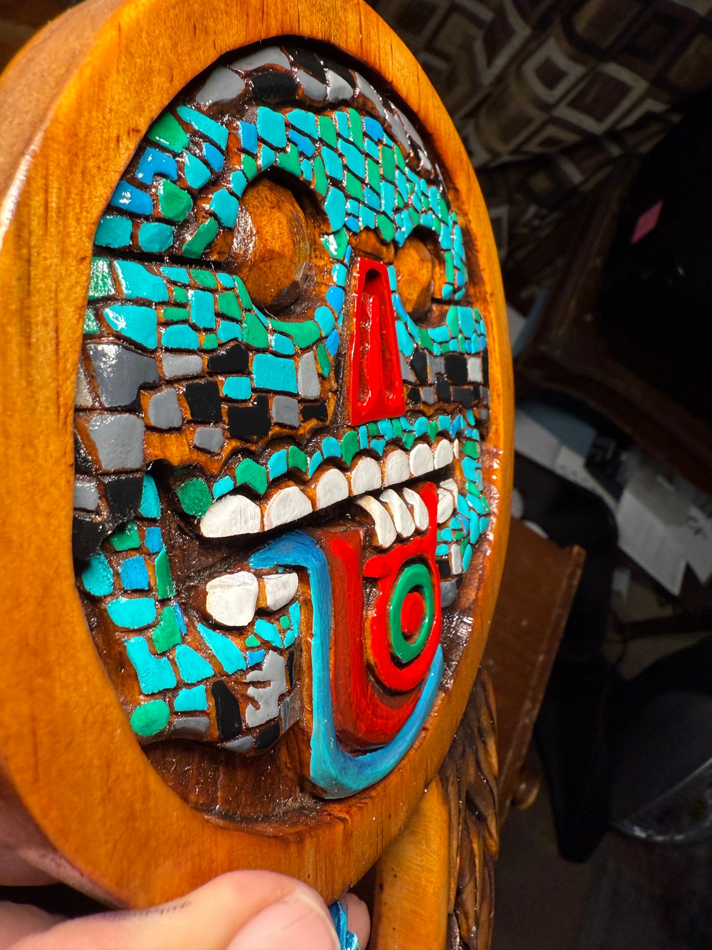 Handmade Aztec Tezcatlipoca Wooden Plaque, Mexico, Carving, Mexica, Tribal Rare