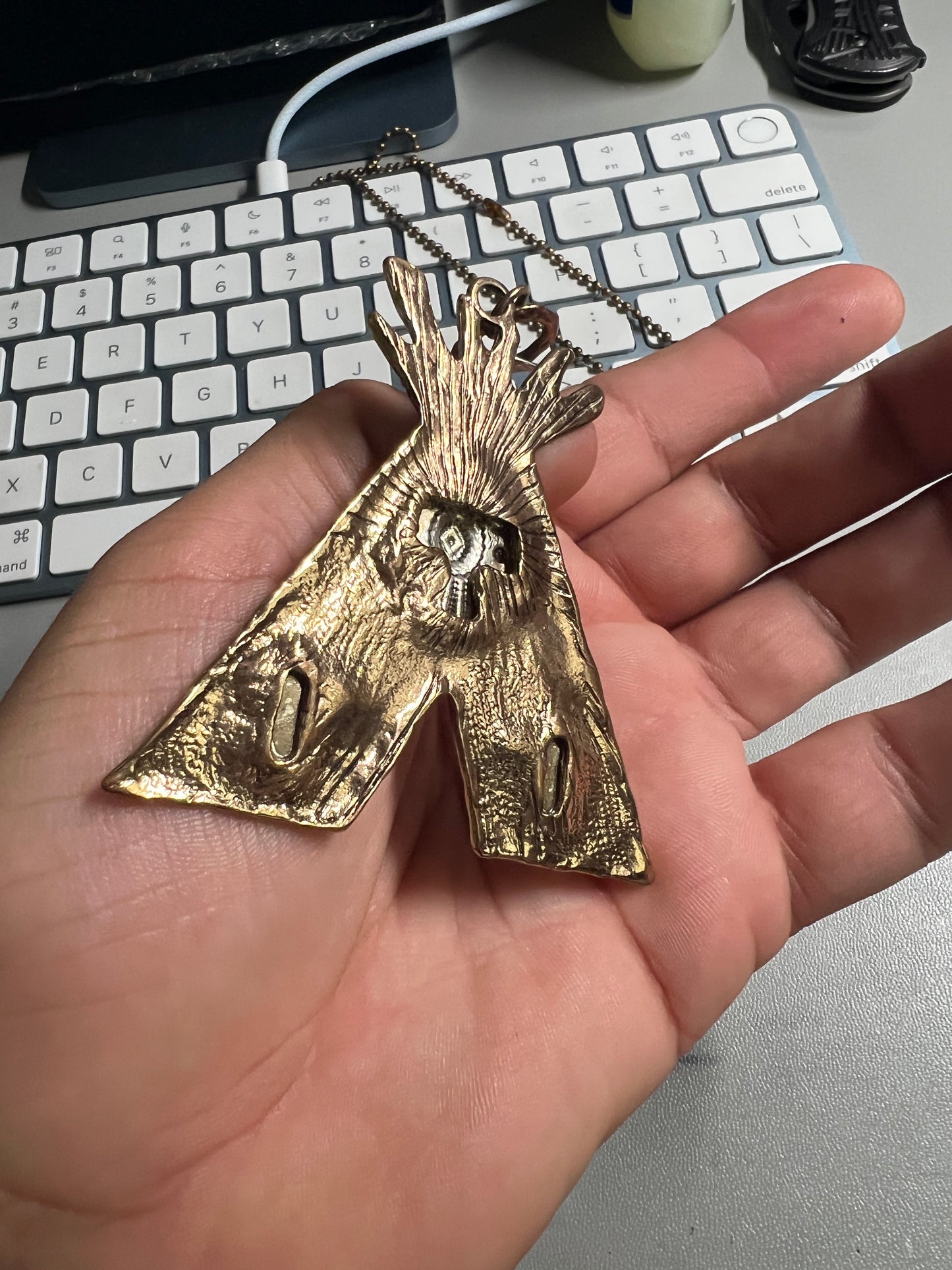 Native American Pendant, Tipi, Thunderbird, Cactus, Arrows, Brass, Vintage, Handmade, Plains Cree, Sioux (#19)