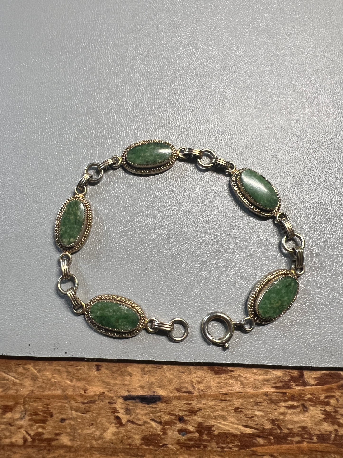 Vintage 12k GF Gold Filled Jade Green Gemstone Link Bracelet Jewelry (#12)