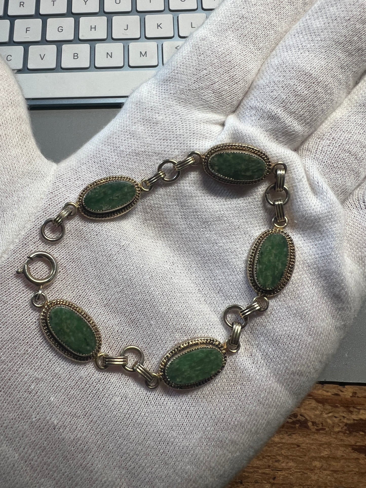 Vintage 12k GF Gold Filled Jade Green Gemstone Link Bracelet Jewelry (#12)