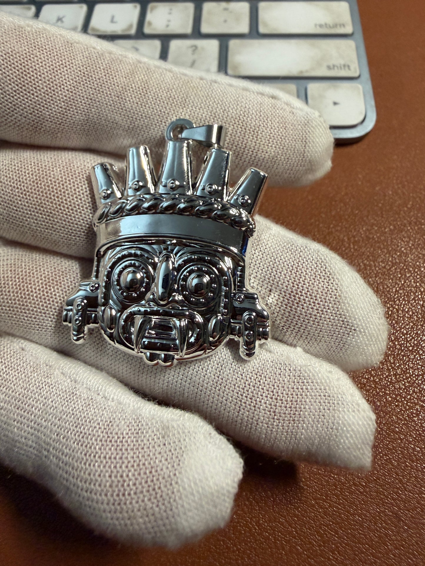 Tlaloc Pendant, Silver Tone, Aztec Rain God, 1.5", 5.3mm bail, Metal Alloy #3