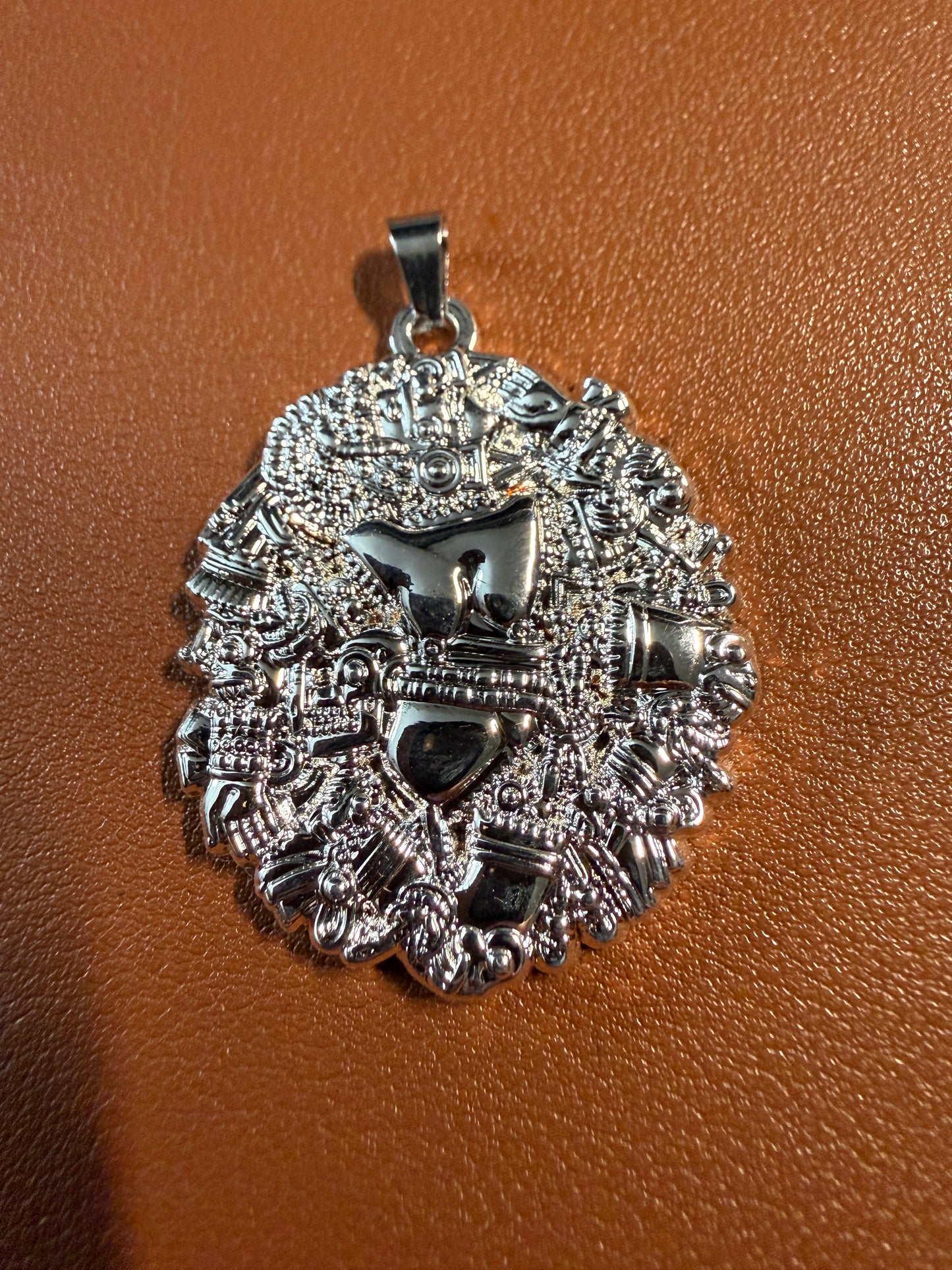 Coyolxuahqui Pendant, Silver Tone, Aztec Moon Goddess, 1.5", 5.3mm bail, Metal Alloy #10