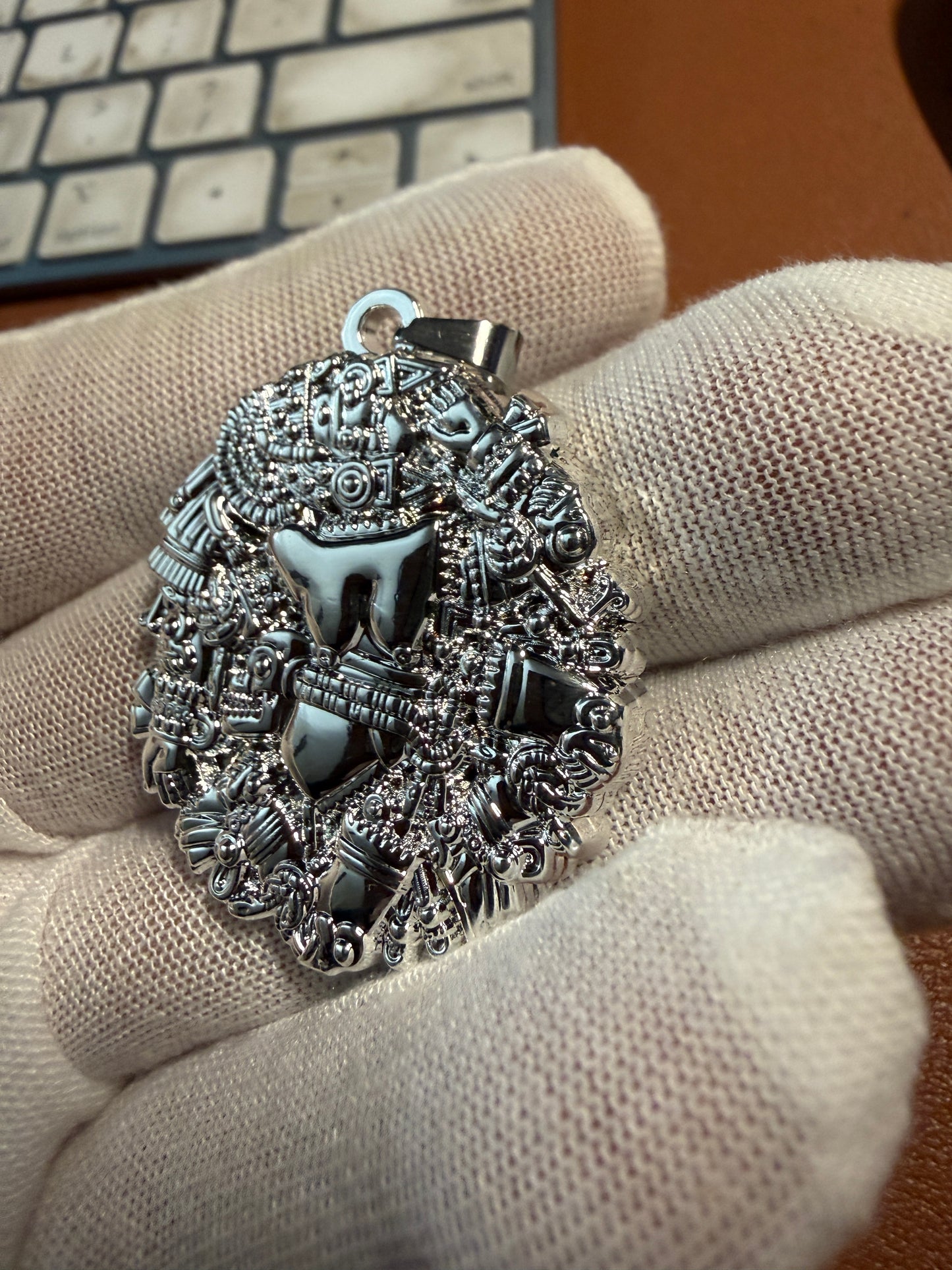 Coyolxuahqui Pendant, Silver Tone, Aztec Moon Goddess, 1.5", 5.3mm bail, Metal Alloy #10