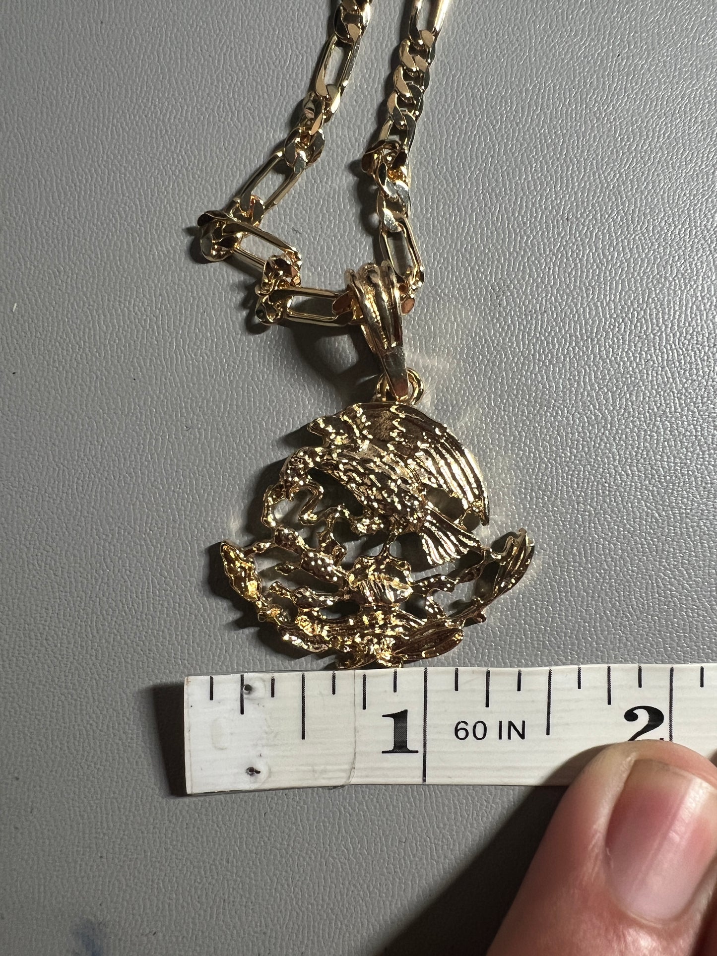 Gold Plated Mexican Eagle on Cactus with Snake Pendant Necklace Chain, Figaro, Mexico, Handmade (#19)