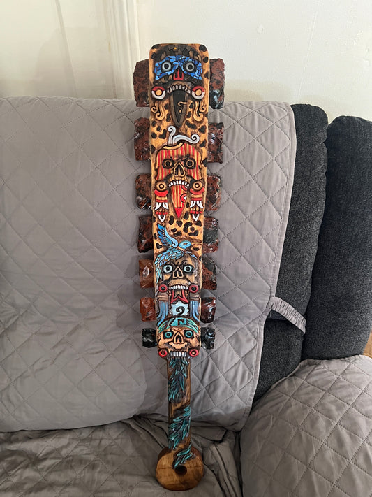 Aztec Macuahuitl Painted Mictlantecuhtli, Wood Obsidian Hanging Art, Indigenous, Ancient Club, Sword from Mexico, MADE TO ORDER