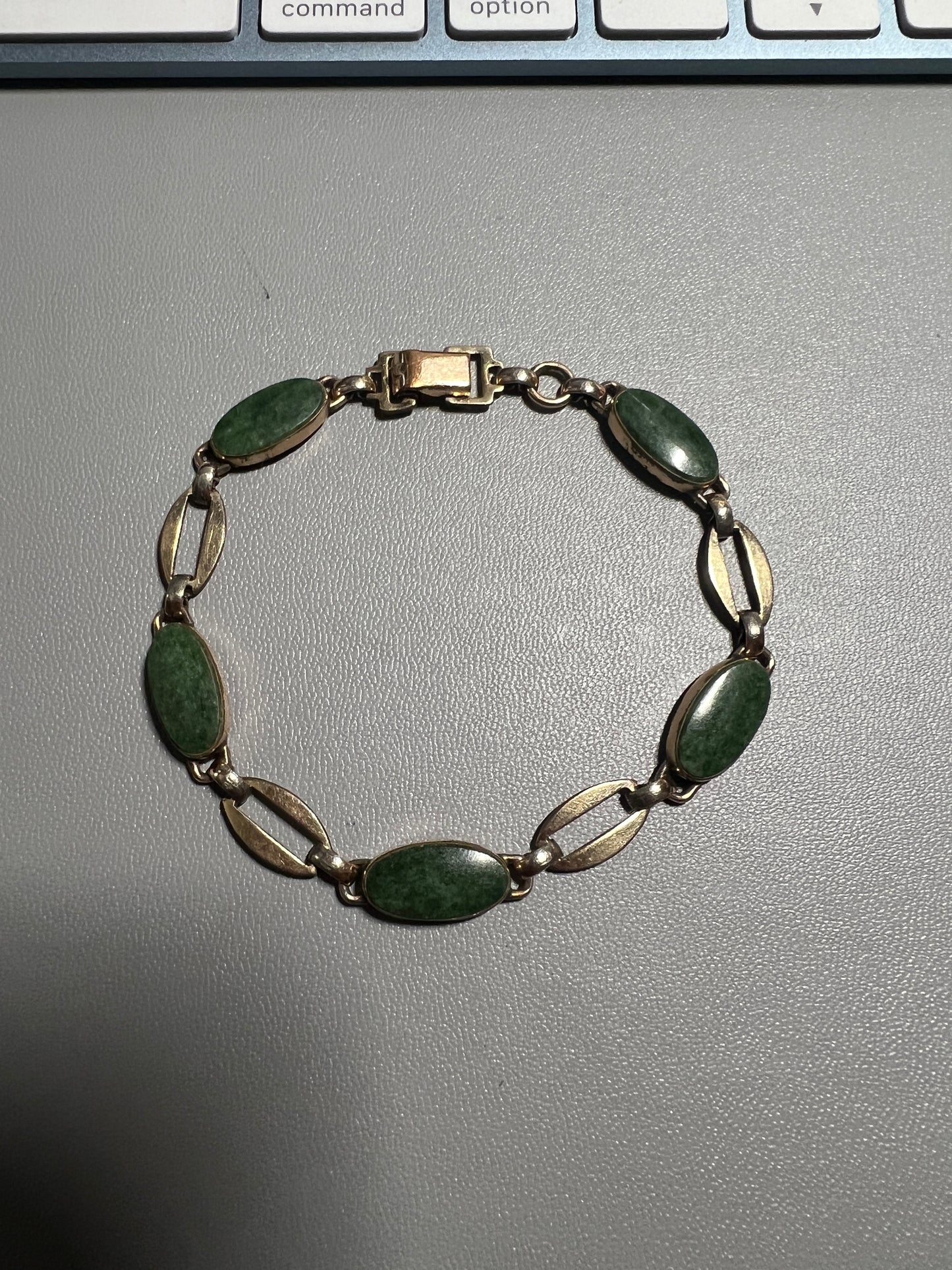 Vintage 12k GF Gold Filled Jade Green Gemstone Link Bracelet Jewelry 7 1/2" (#20)