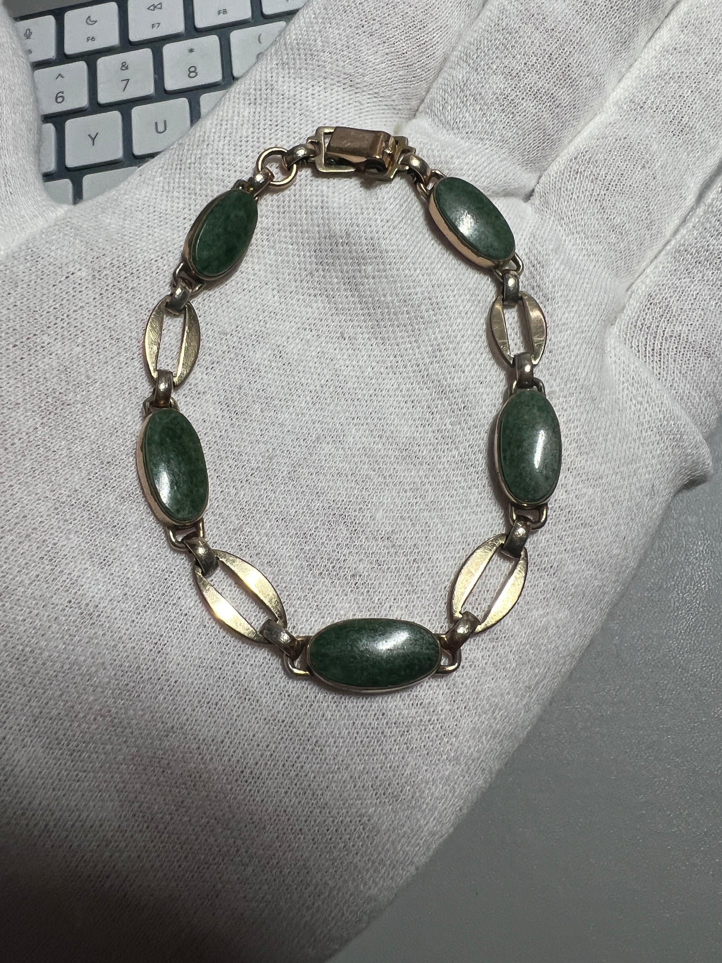 Vintage 12k GF Gold Filled Jade Green Gemstone Link Bracelet Jewelry 7 1/2" (#20)