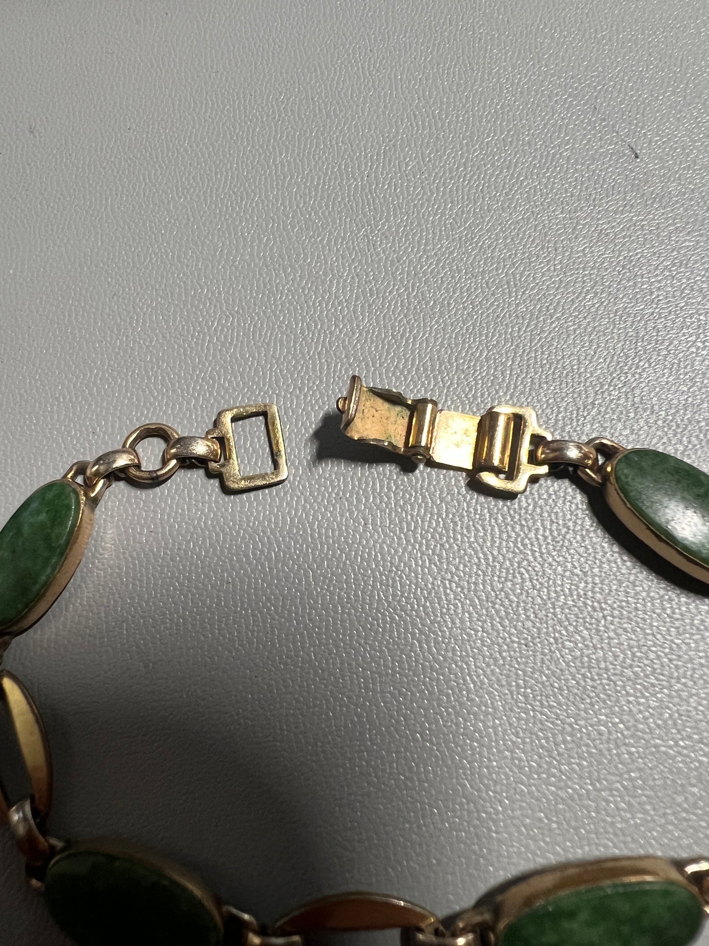 Vintage 12k GF Gold Filled Jade Green Gemstone Link Bracelet Jewelry 7 1/2" (#20)