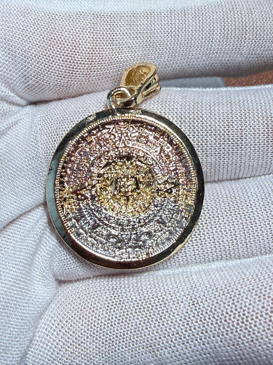 Aztec  Calendar Charm Pendant Gold Plated Tri Color Calendario Azteca Jewelry #5