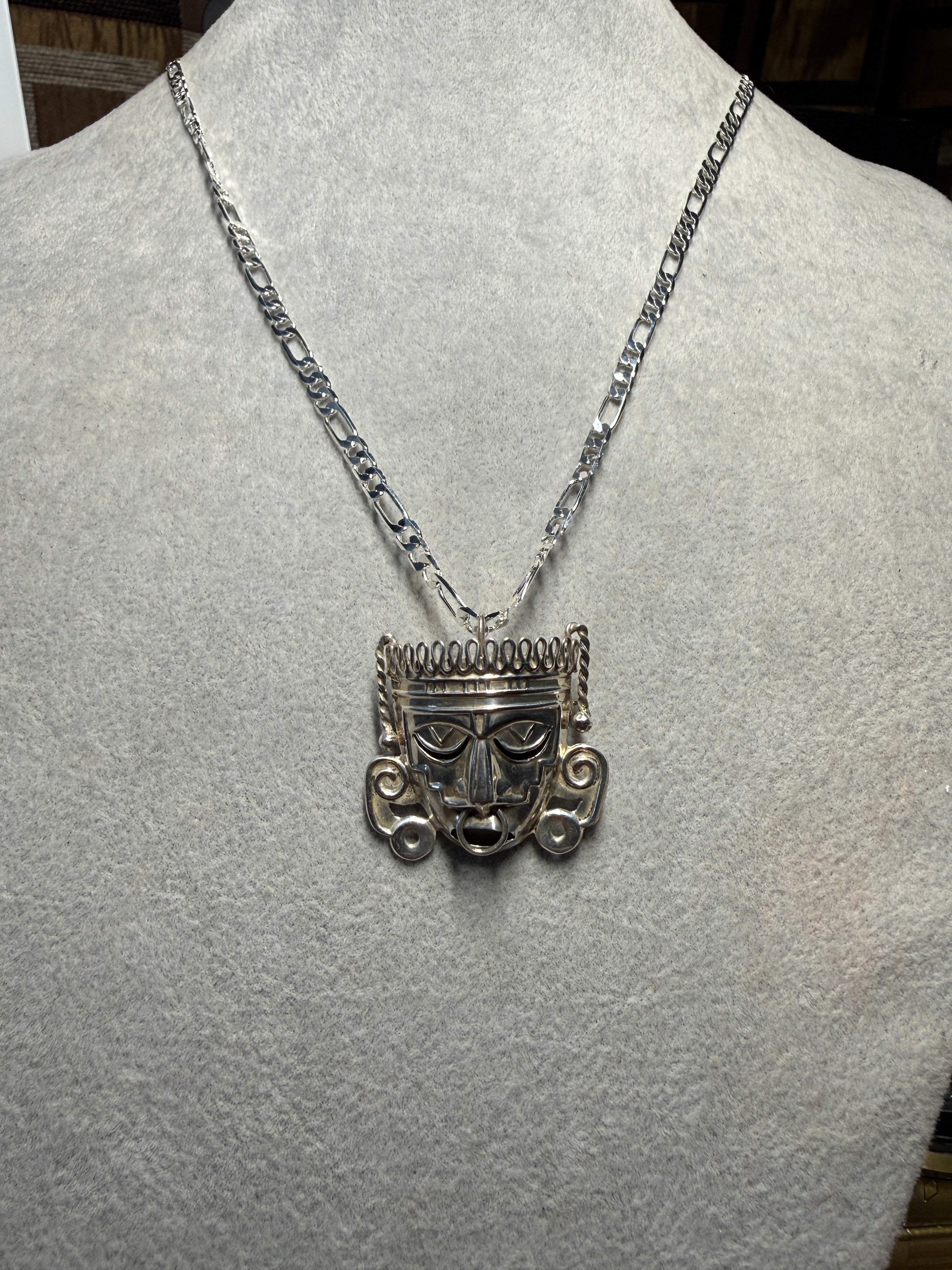 Rare Large Xipe Totec Aztec God Brooch Pin Pendant, Sterling