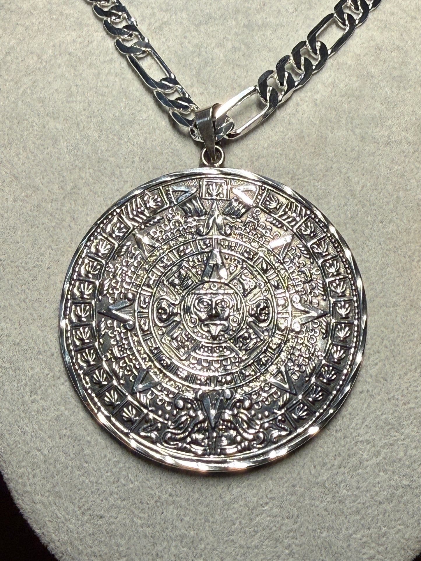 Aztec Calendar Pendant Necklace, Sterling Silver, Vintage, 23.87g, 2.5", Mexico 925, (H)