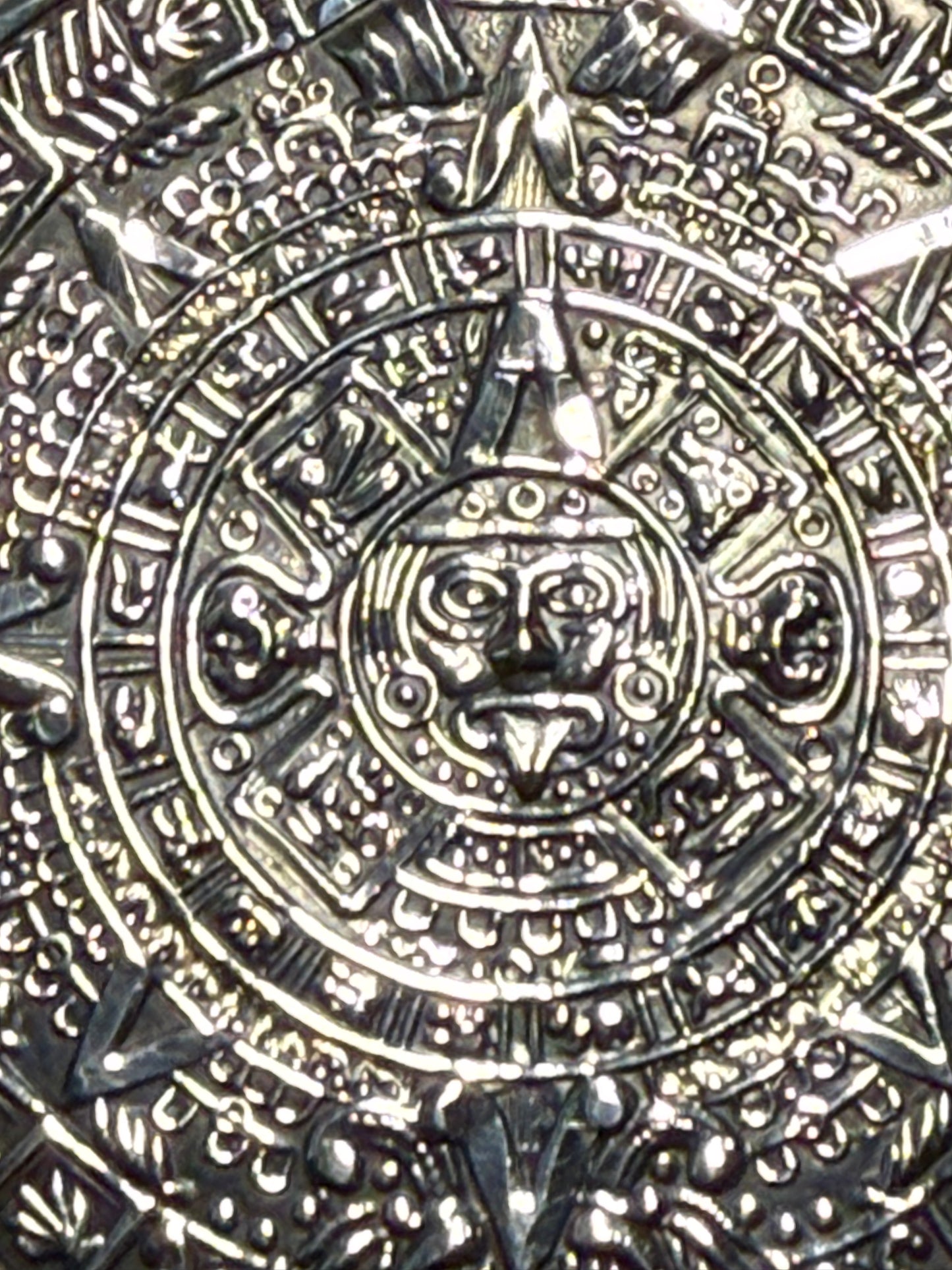Aztec Calendar Pendant Necklace, Sterling Silver, Vintage, 23.87g, 2.5", Mexico 925, (H)